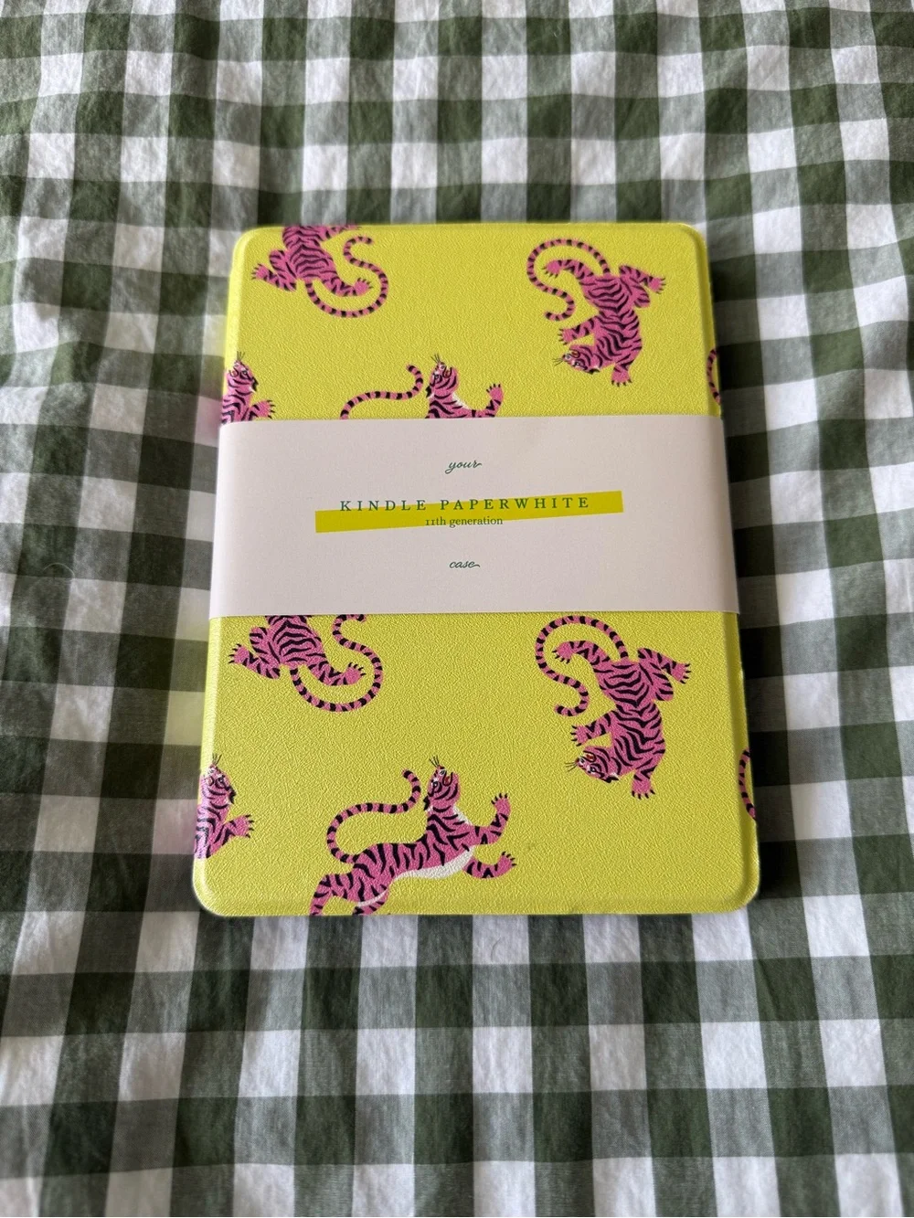 Kindle Paperwhite Case 11th gen with Pink Tiger Print on Neon Yellow